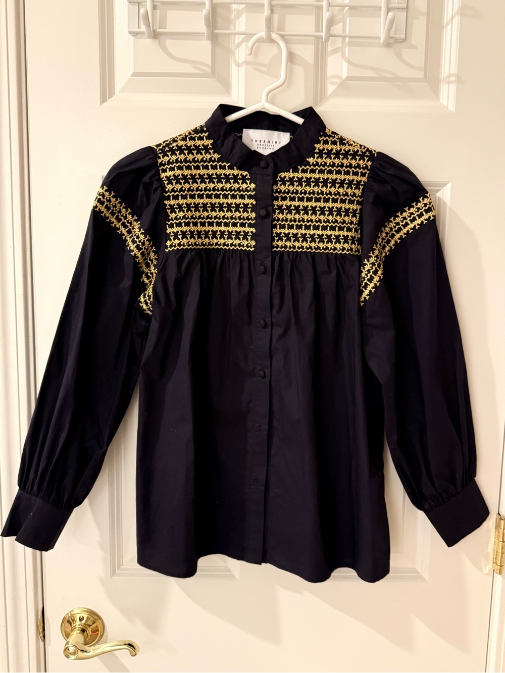 The Shirt by Rochelle Behrens Midnight Navy Blouse with Gold Embroidery